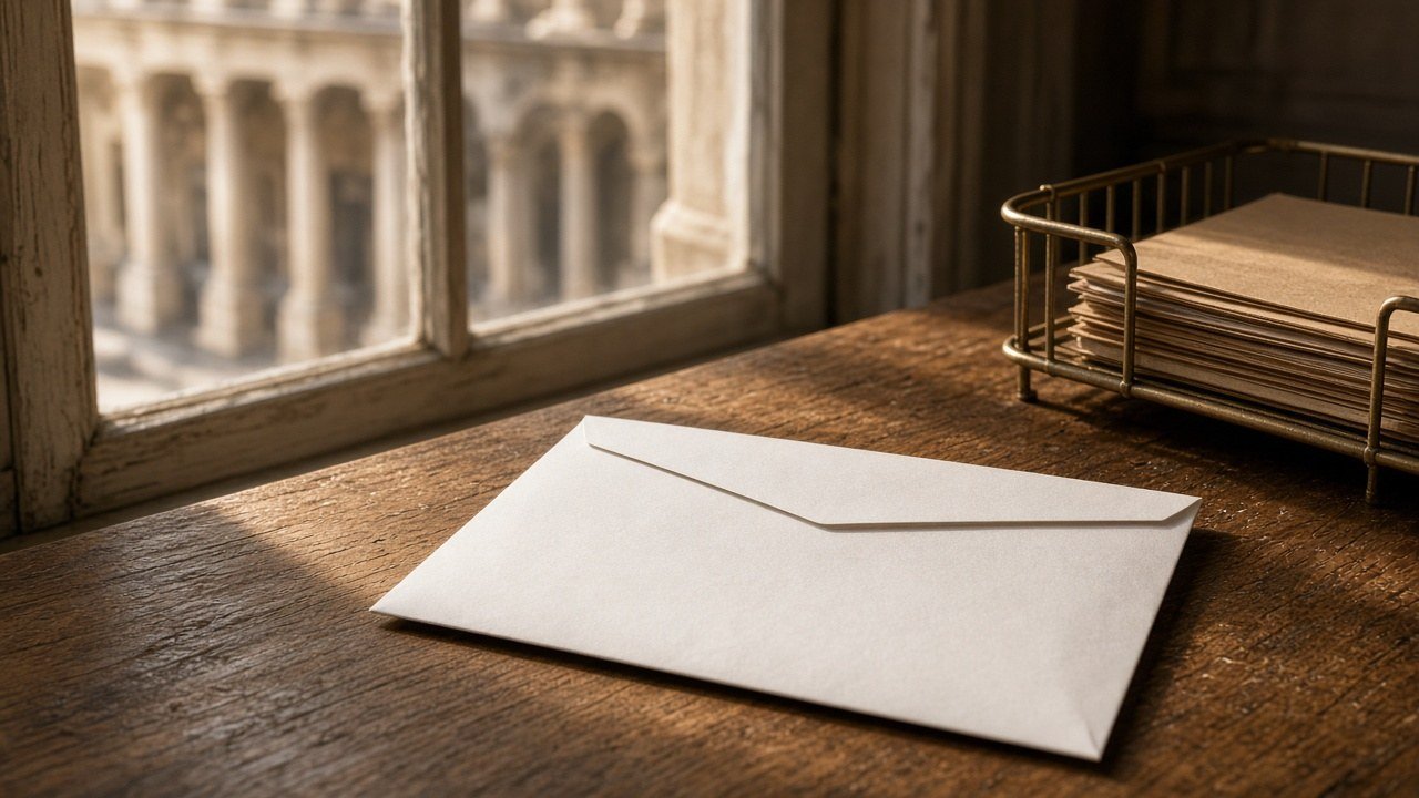 AI ILLUSTRATION · SEEMS NEWS: a plain white envelope on a wooden desk beside a sunlit window, a blurred stone colonnade outside; no people