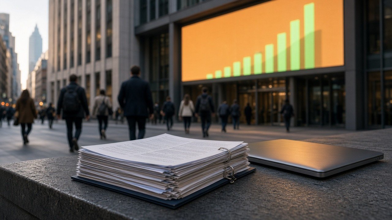 AI ILLUSTRATION · SEEMS NEWS: a stock exchange building at dawn with a large amber display wall showing abstract rising green bars, a thick binder of filing pages and a closed laptop on a stone ledge in the foreground, and blurred commuters seen from behind (no real people depicted)