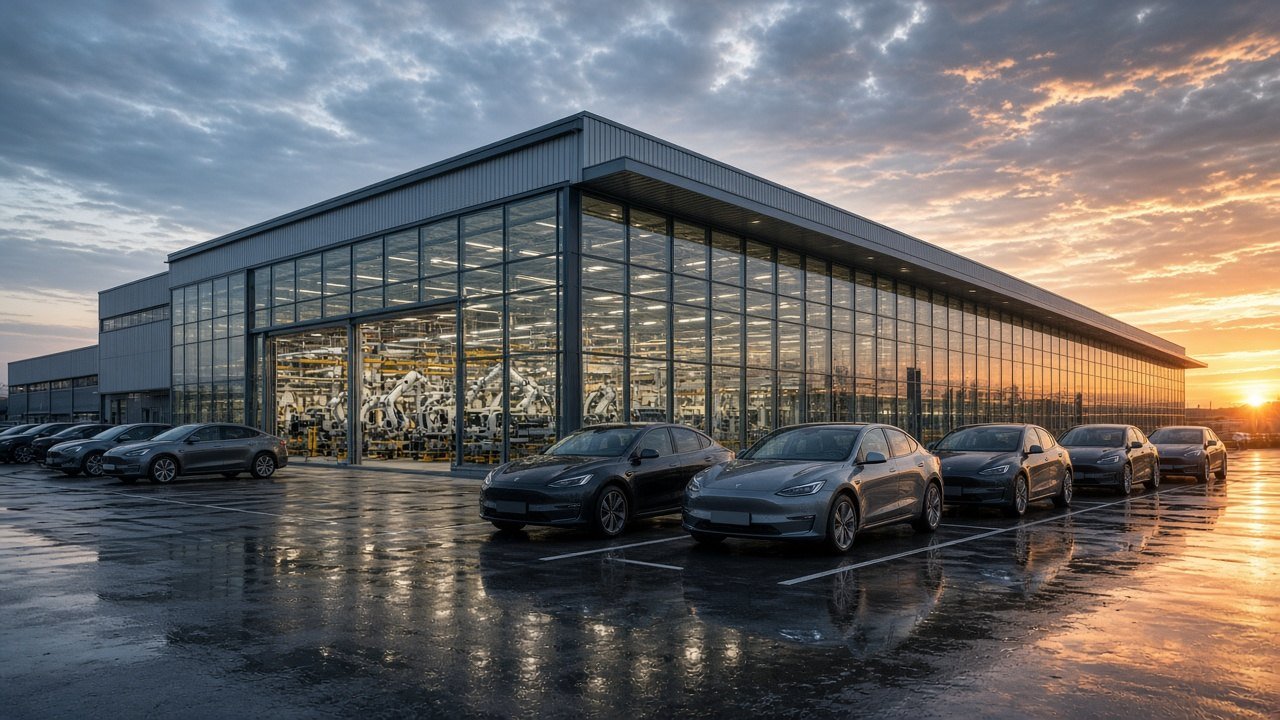 AI ILLUSTRATION · SEEMS NEWS: an aerial dusk view of a modern automotive assembly plant with robotic production bays visible through glass walls and finished sedans parked outside in rural Georgia (no real people depicted)
