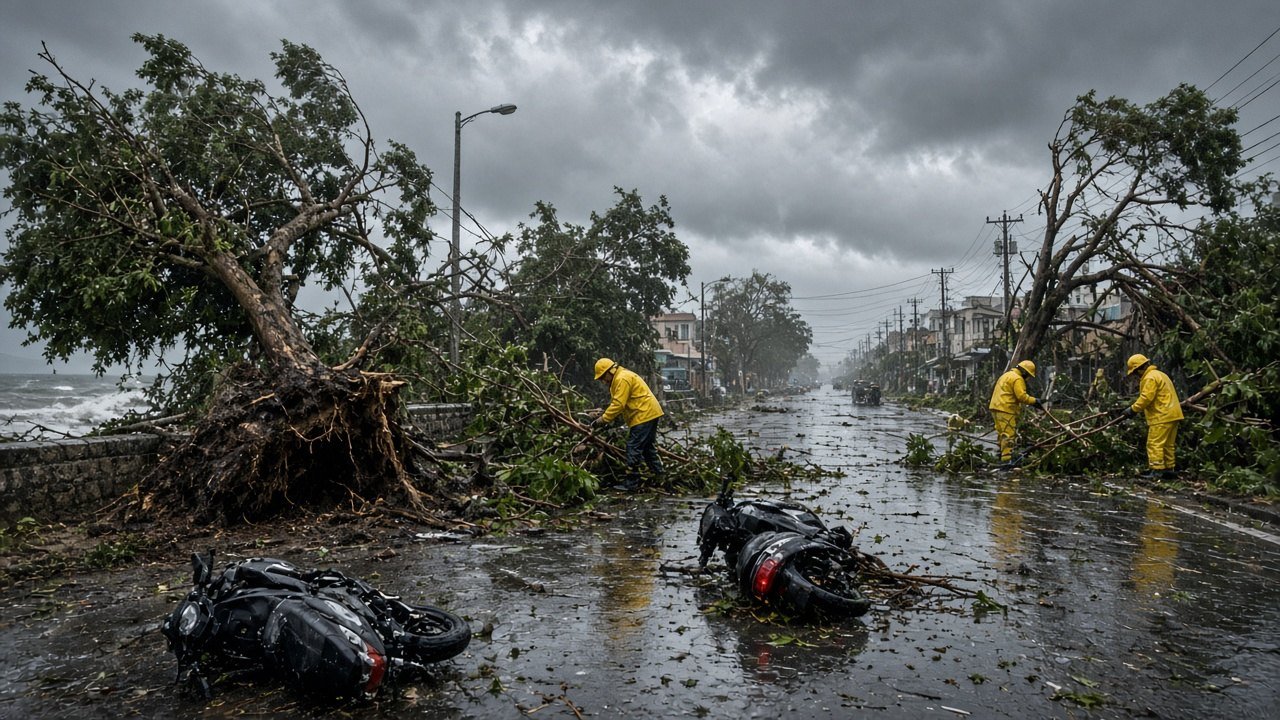 AI ILLUSTRATION · SEEMS NEWS: emergency crews in yellow rain gear clear uprooted trees and fallen branches along a rain-swept coastal street in Taiwan as dark storm waves crash against a seawall during Storm Champi (no real people depicted)