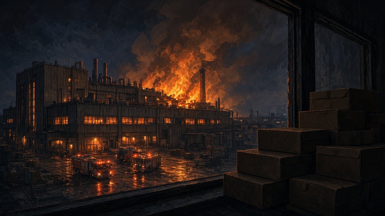 AI illustration: a painted night scene of a generic factory with flames and smoke, fire engines below and stacked boxes in a window; no people shown, not the real factory
