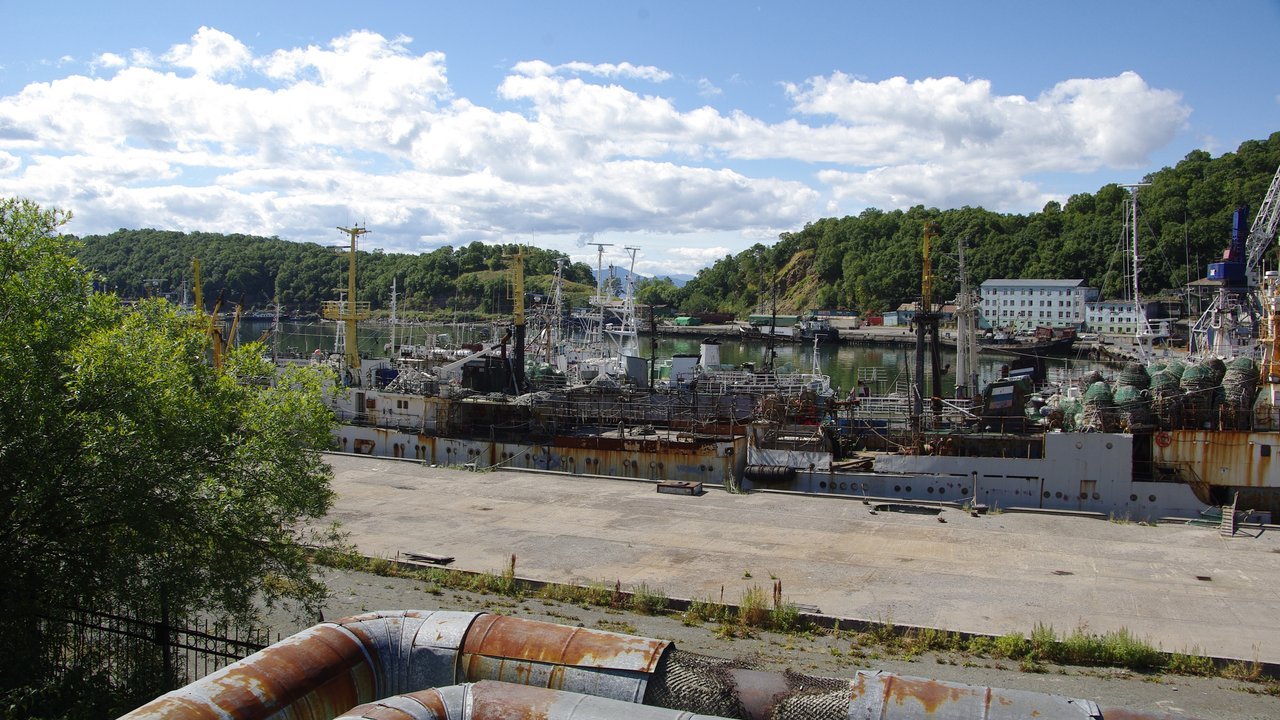 Stand-in, not a photo of this event: 2011 view of the port of Petropavlovsk-Kamchatsky, with moored fishing vessels behind an empty concrete quay, rusty pipes in the foreground and wooded hills under a cloudy sky