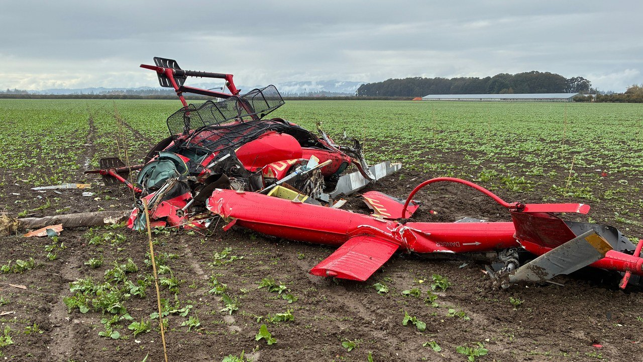 The crumpled red wreckage of a helicopter, its tail boom and landing gear bent, lying in a muddy field of young green crops under an overcast sky, with trees and a long farm building in the distance; no people appear in the image