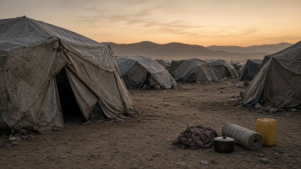 AI ILLUSTRATION · SEEMS NEWS: worn, empty canvas and plastic-sheet tents on dusty ground at dusk near low hills under a hazy orange sky, with a rolled mat, a cooking pot, a cloth bundle and a yellow jerrycan in the foreground, evoking a displacement camp (no people, no bodies, not the real site)