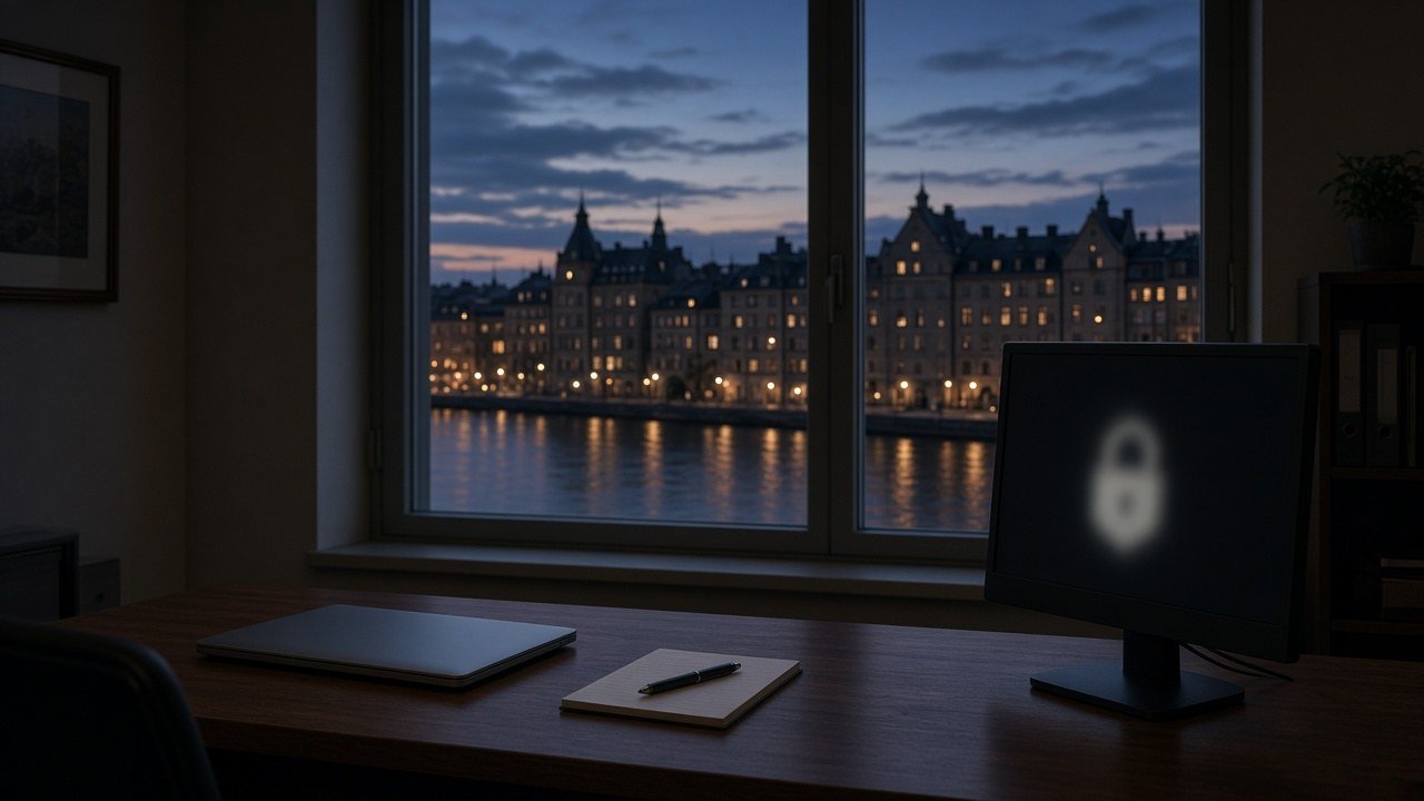 AI ILLUSTRATION · SEEMS NEWS: an empty office desk at dusk with a closed, unbranded laptop, a notepad and pen, and a dark monitor with a soft, blank padlock glow, beside a tall window looking out over water at lit old stone waterfront buildings in a Stockholm-style scene (no real people depicted)