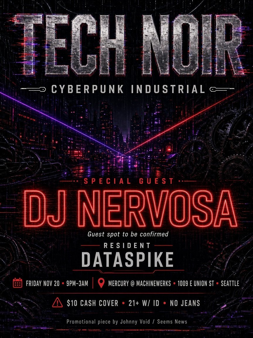 Illustrated poster in red and purple neon for Tech Noir: Cyberpunk Industrial, naming DJ Nervosa as special guest and Dataspike as resident, Friday Nov 20 at Mercury @ Machinewerks
