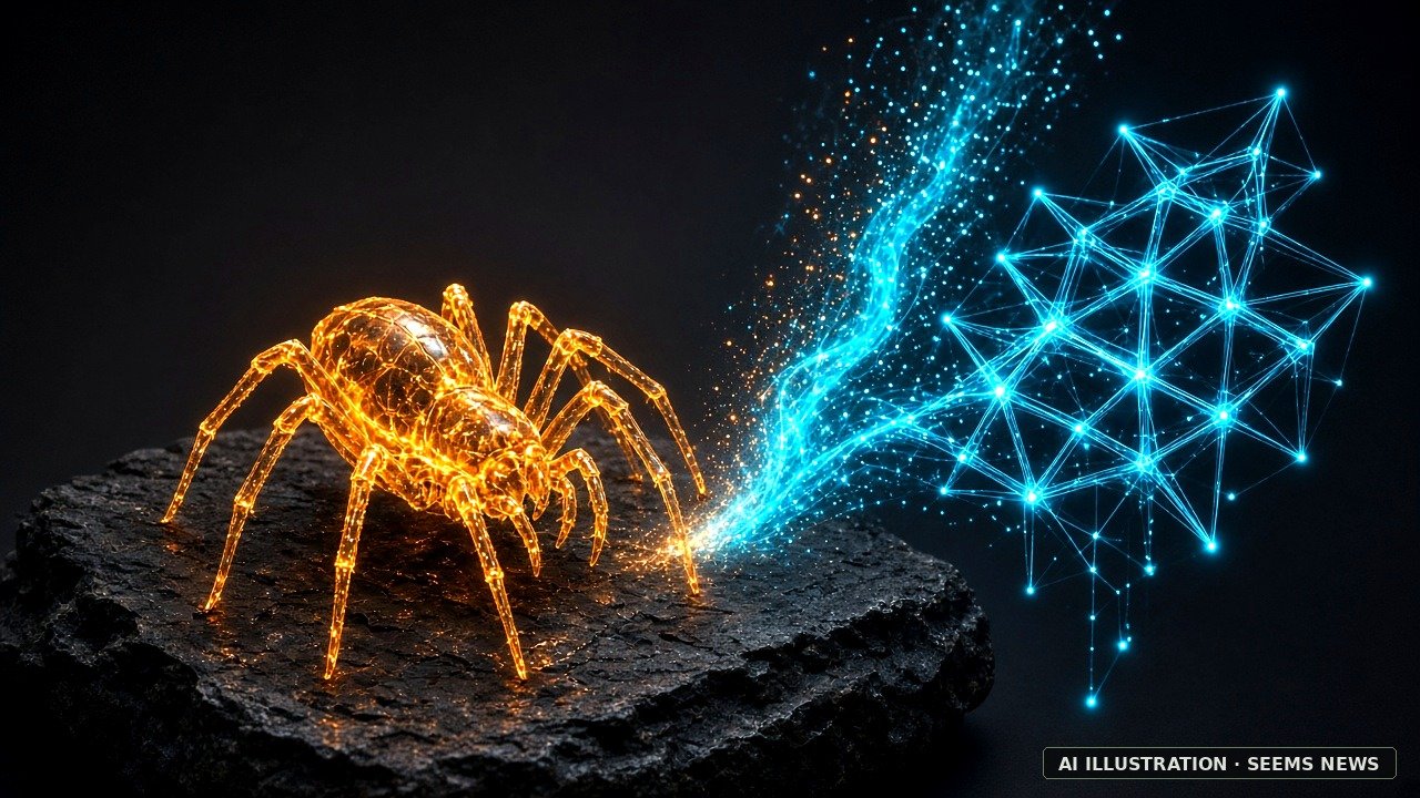 AI illustration by Seems News: a translucent amber spider exoskeleton on dark stone beside a stream of cyan quantum lattice nodes, illustrating Universal Completion’s ‘spider molt’ continuity metaphor (no real people depicted)