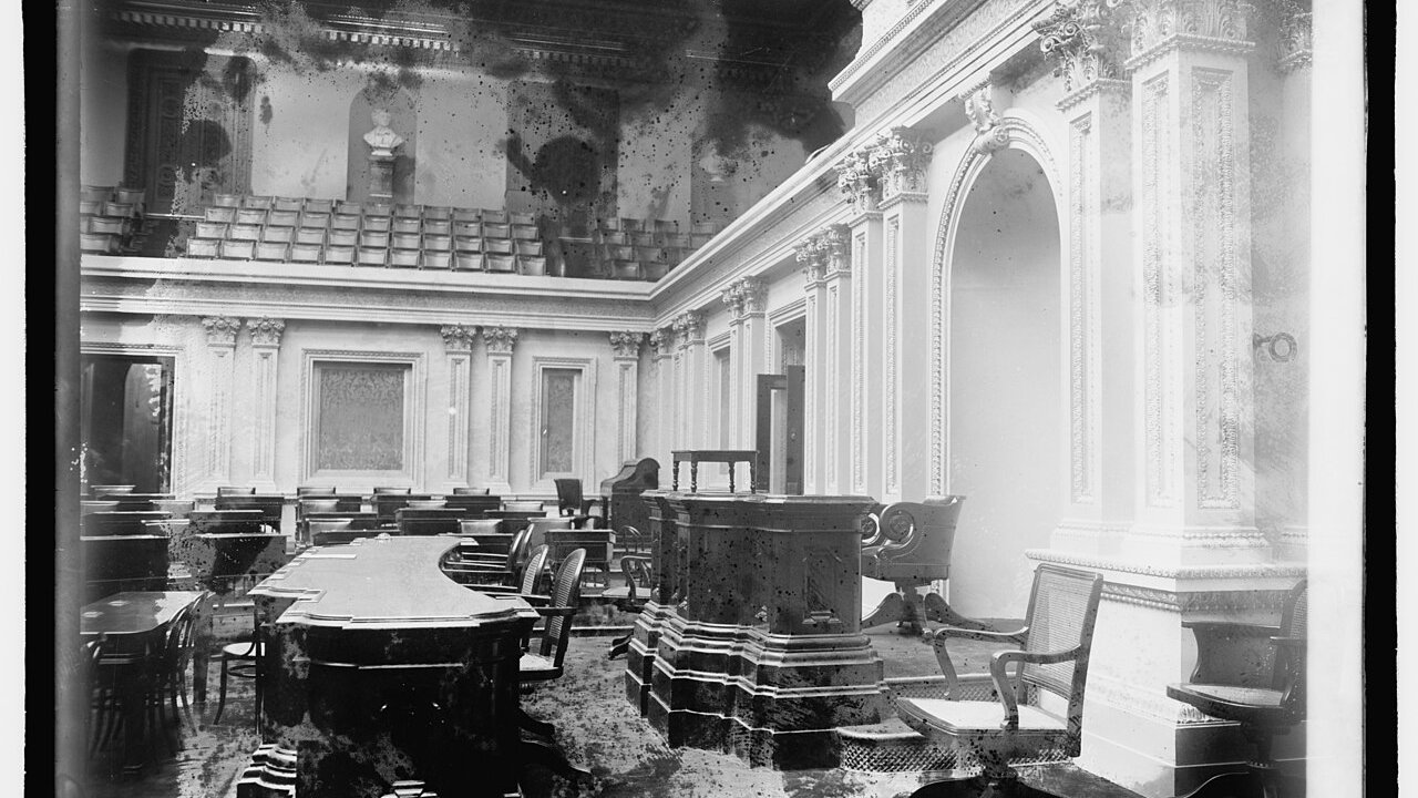 Archival stand-in: U.S. Senate chamber in a 1918–1921 glass-negative photo, not a photo of Senator McConnell or this week