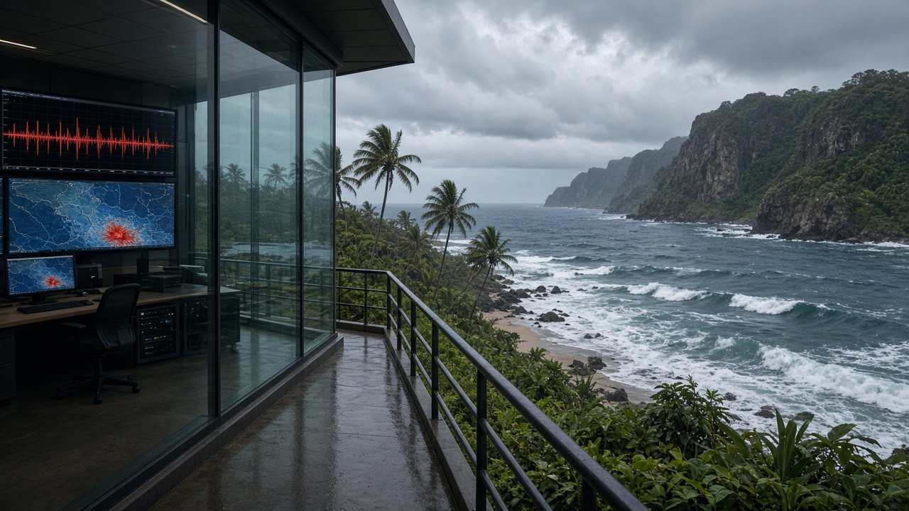AI ILLUSTRATION · SEEMS NEWS: a coastal seismic monitoring station overlooking rough South Pacific surf and palm-lined cliffs in northern Vanuatu with digital seismograph waveform screens showing P-wave and S-wave spikes (no real people depicted)