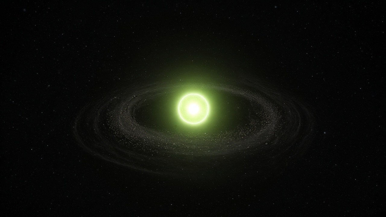 AI-generated illustration, not a photo of the star: a white dwarf glowing chartreuse green against black space, ringed by a faint disc of rocky debris that drifts onto its surface